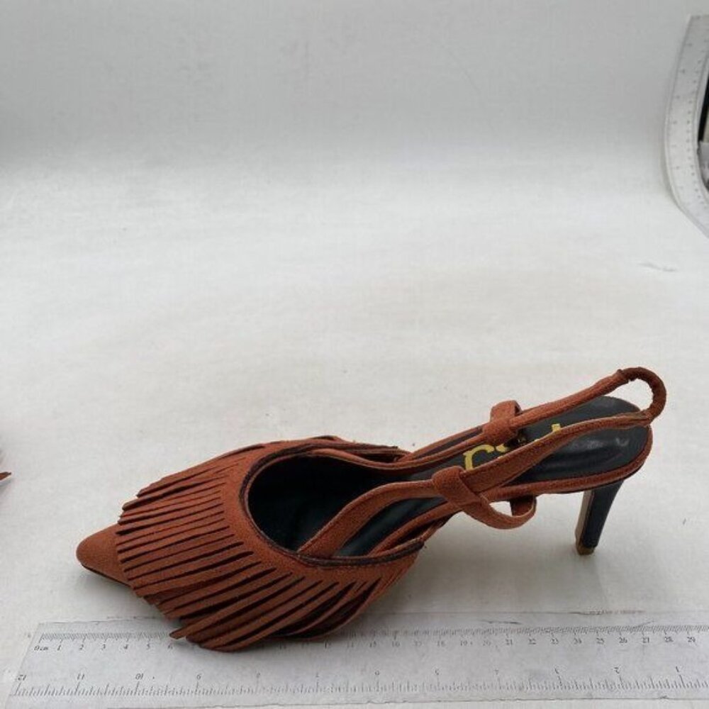 FSJ Brown Fringe High Heel Sandal Pointed Toe Slip On Cut Out Slingback Shoes